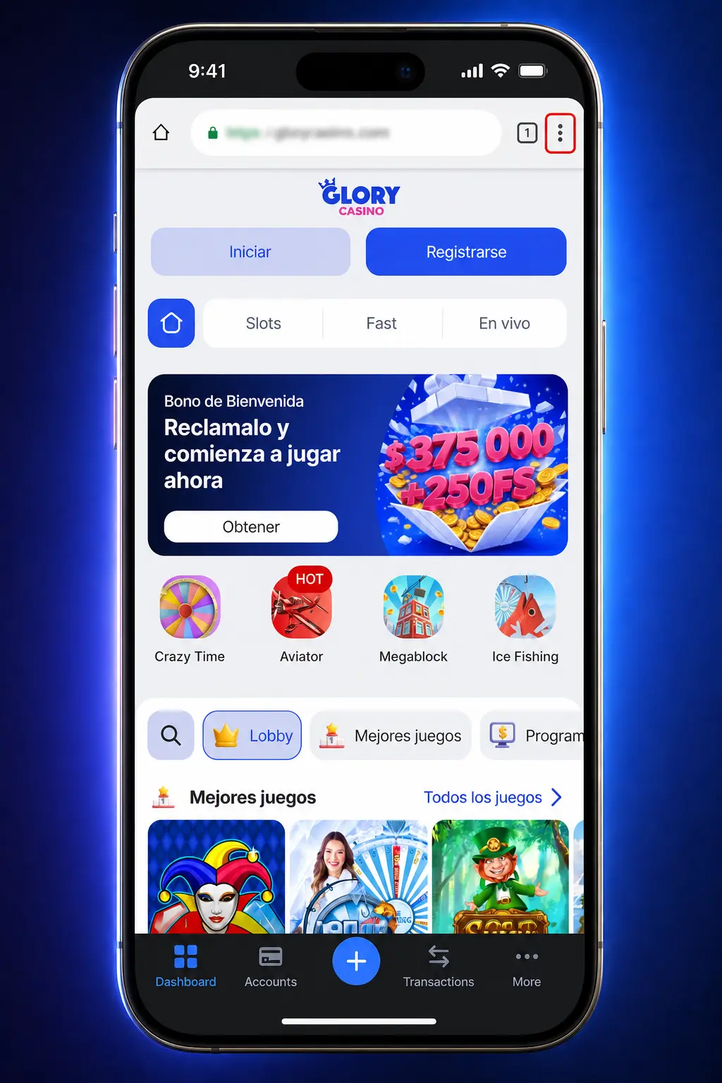 Pasos para descargar e instalar la app de Glory Casino en Android desde el navegador Chrome como PWA