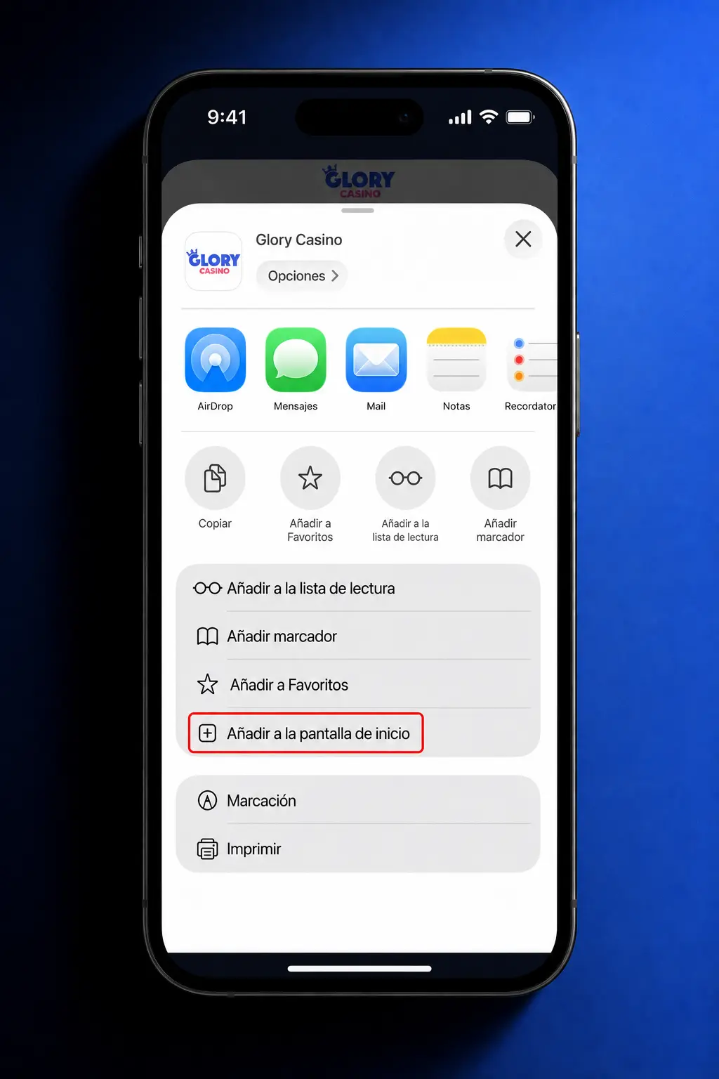 Pasos para instalar la app de Glory Casino en iOS desde Safari como aplicación web progresiva